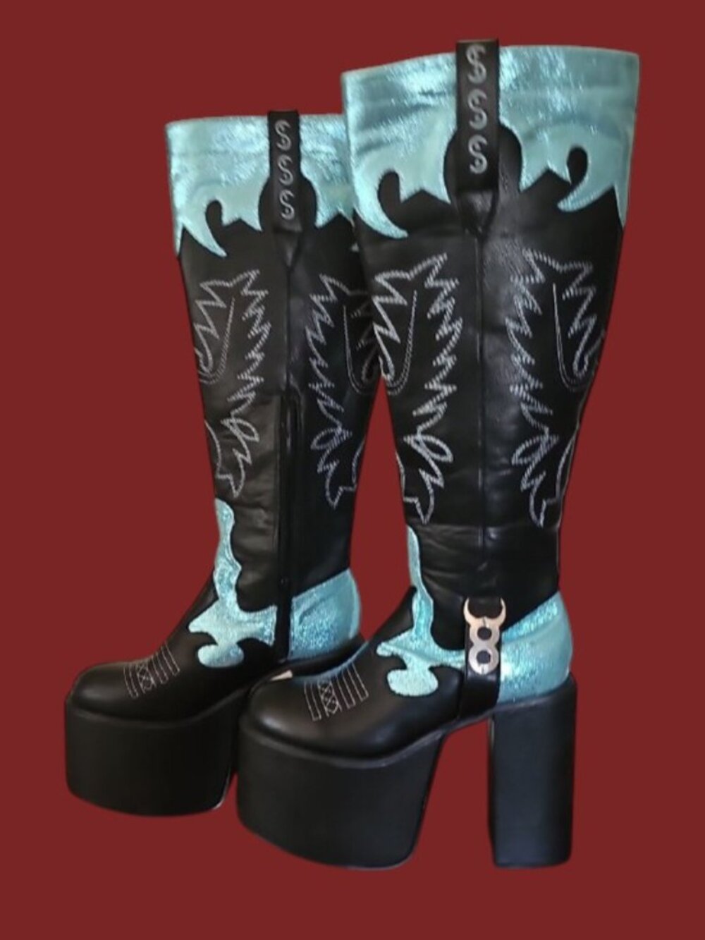 NWoT Anthony Wang "Free Ur Mind" Cosmic Metallic Blue Platform Cowboy Boots 8